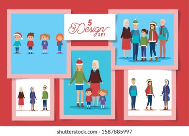 five designs of members family in christmas vector illustration design