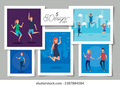 five designs of people celebrating vector illustration design