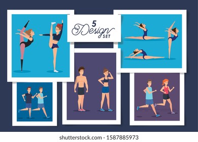 five designs of people practicing exercise vector illustration design