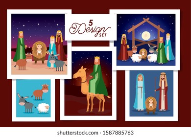 five designs of scenes manger characters vector illustration design