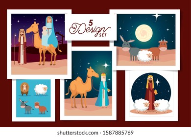 five designs of scenes manger characters vector illustration design