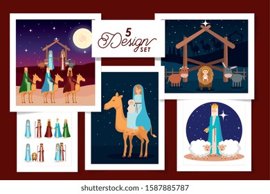 five designs of scenes manger characters vector illustration design