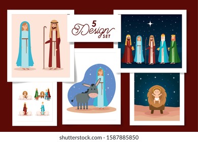 five designs of scenes manger characters vector illustration design