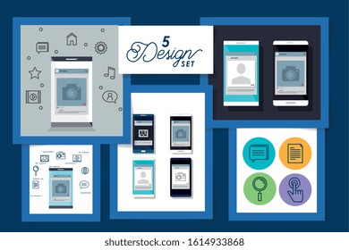 five designs set of smartphone and social media icons vector illustration design