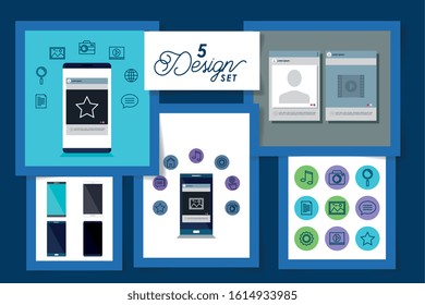 five designs set of smartphone and social media icons vector illustration design