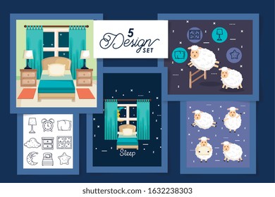 five designs for sleep scenes and cute icons vector illustration design