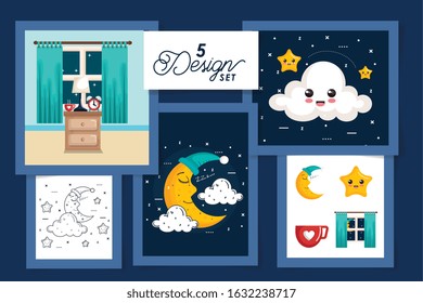 five designs for sleep scenes and cute icons vector illustration design