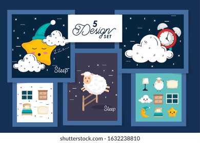 five designs for sleep scenes and cute icons vector illustration design