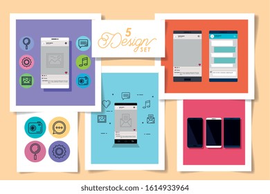 five designs of smartphones and social media icons vector illustration design