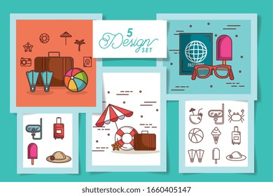 five designs of summer icons vector illustration design