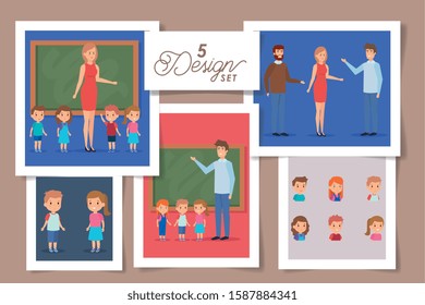 five designs of teachers and students vector illustration design
