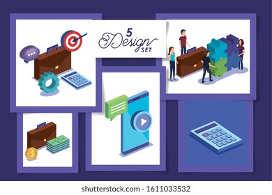 five designs of teamwork with people and objects vector illustration design