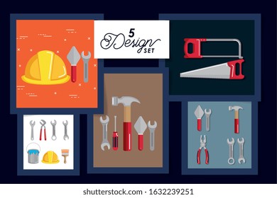 five designs of tools and equipments under construction vector illustration design