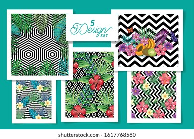 five designs tropicals in patterns monochromatic geometric vector illustration design
