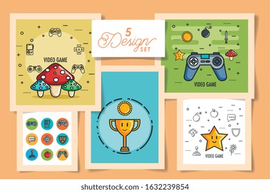 five designs of video game retro with icons vector illustration design
