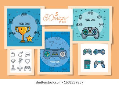 five designs of video game retro with icons vector illustration design