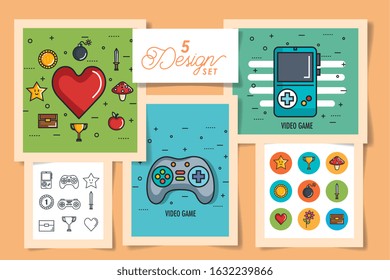 five designs of video game retro with icons vector illustration design