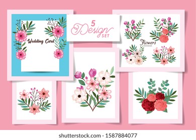 five designs with wedding invitation card and set flowers vector illustration design