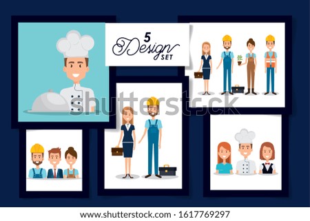 Five designs of women and men, Workers actions working occupation jobs proffesional employee service and labor theme Vector illustration