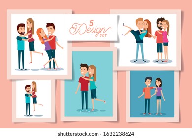 five designs of young couple lovely vector illustration design