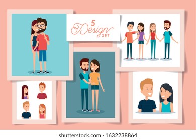 five designs of young couple lovely vector illustration design