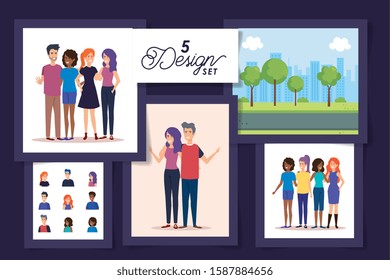 five designs of young people avatar characters vector illustration design