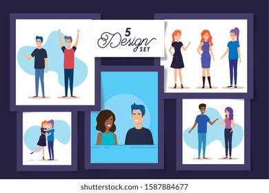 five designs of young people avatar characters vector illustration design