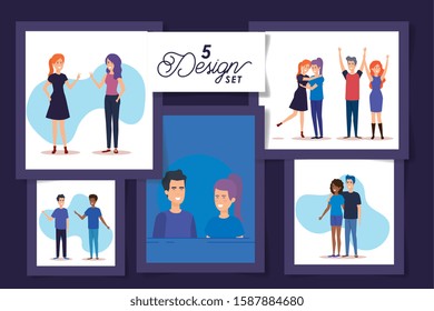 five designs of young people avatar characters vector illustration design