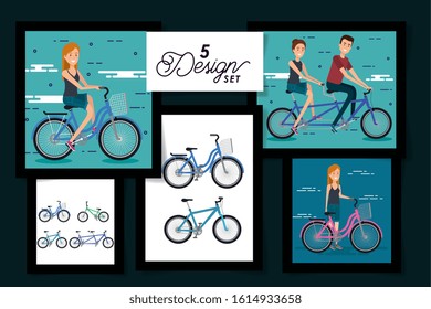 five designs of young people and bikes vector illustration design