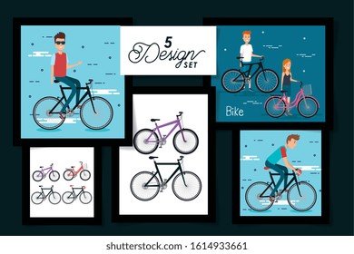 five designs of young people and bikes vector illustration design