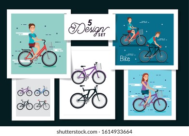 five designs of young people and bikes vector illustration design