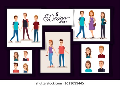 five designs of young people characters vector illustration design