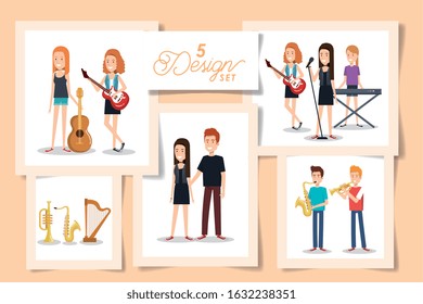 five designs of young people with instruments musical vector illustration design
