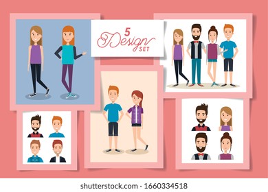 cinco diseños de ilustración vectorial para jóvenes