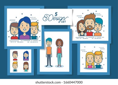 five designs of young people vector illustration design
