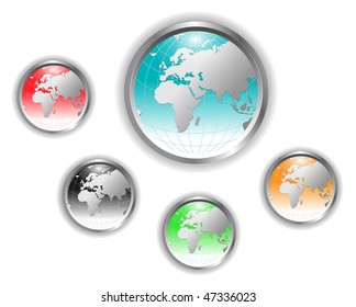 Fünf detaillierte Erdkugel-Web-Buttons.