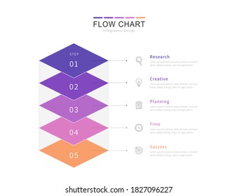 Five diamond elements placed on each other in vertical row for flow chart design, diagram representing five stages of business process flow chart.