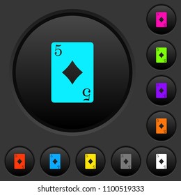 Five of diamonds card dark push buttons with vivid color icons on dark grey background