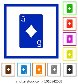 Five of diamonds card flat color icons in square frames on white background