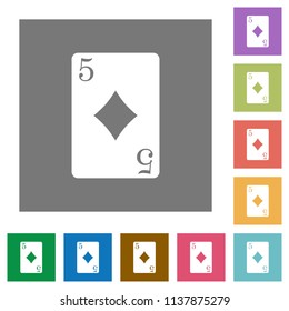 Five of diamonds card flat icons on simple color square backgrounds