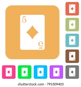 Five of diamonds card flat icons on rounded square vivid color backgrounds.