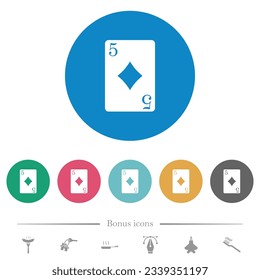 Five of diamonds card flat white icons on round color backgrounds. 6 bonus icons included.