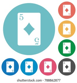 Five of diamonds card flat white icons on round color backgrounds