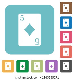 Five of diamonds card white flat icons on color rounded square backgrounds