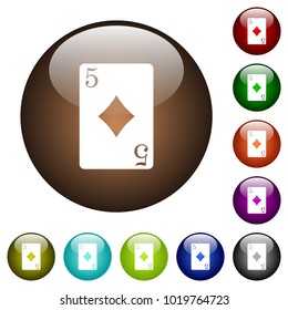 Five of diamonds card white icons on round color glass buttons