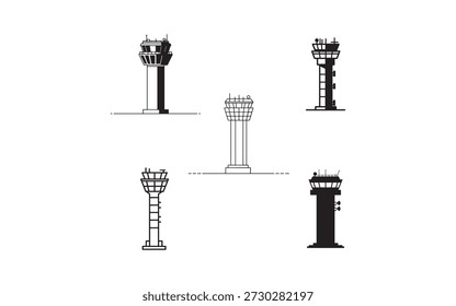 Five different air traffic control tower icons isolated on transparent background