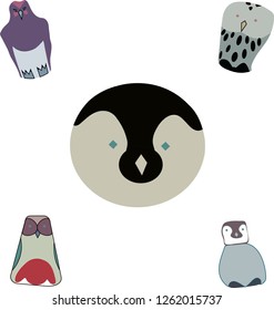 five different birds in the form of a mosaic with abstract flowers on a white background