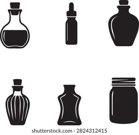 Five different bottle shapes with transparent background including dropper bottle and jars