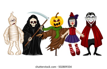 Five different characters for Halloween isolated on white background