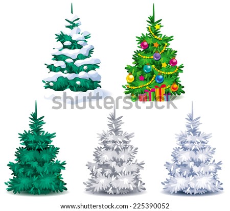 five different christmas trees with snow and christmas decorations - Different Christmas Decorations five different christmas trees with snow and christmas decorations - Different Christmas Decorations